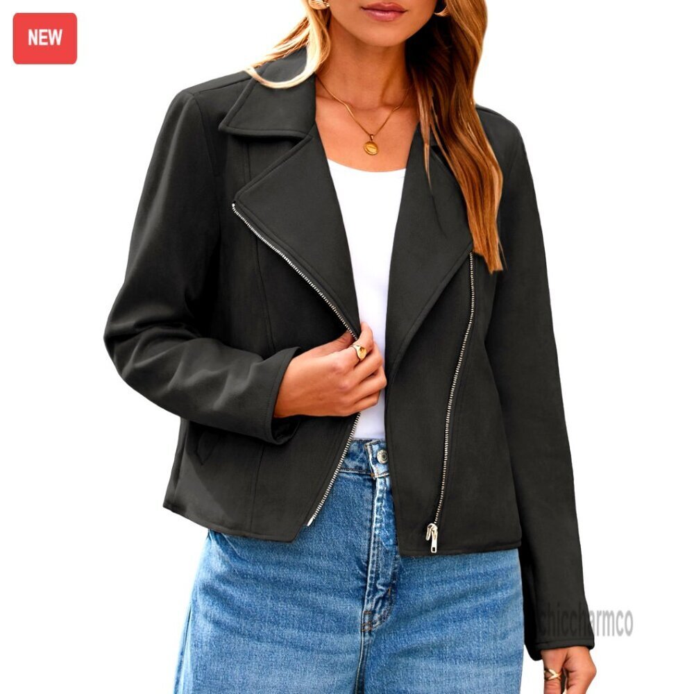 Faux Suede Cropped Biker Jacket with Zipper Front and Side Pockets